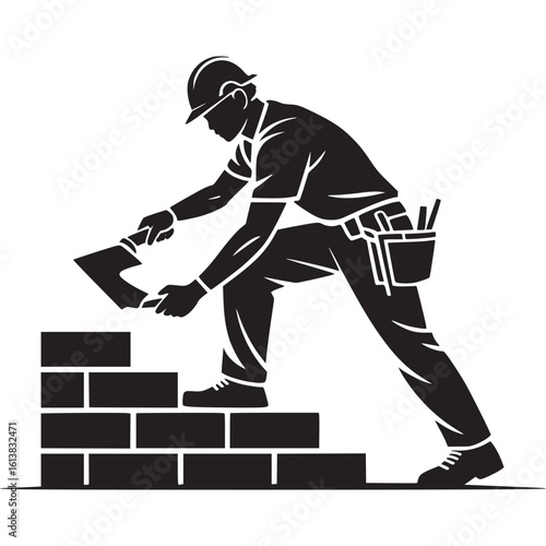 Silhouette of a construction worker laying bricks with a trowel wearing a hard hat and tool belt on transparent background