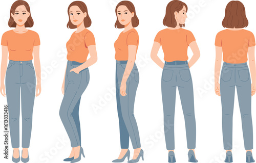 Woman wearing orange top and blue jeans from multiple angles female person