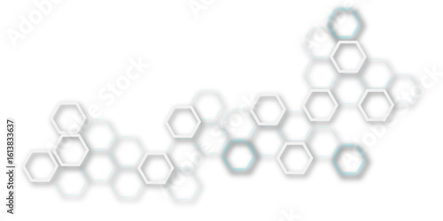 An abstract arrangement of interconnected hexagonal shapes in subtle white and light gray, with soft shadows, creating a minimalist and modern honeycomb-like pattern on a clean white background.