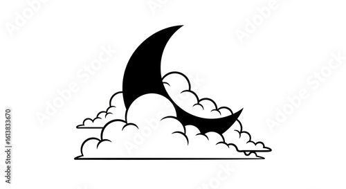 Minimalist Illustration of a Crescent Moon Partially Obscured by Fluffy Clouds, Celestial Night Sky Symbol, Dreamy and Ethereal
