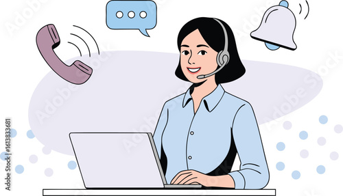 Cheerful woman with headset works on laptop phone bell