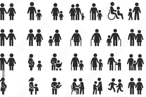 Vector icon set of diverse family types and life stages. Pictograms showing relationships, pregnancy, and inclusivity.