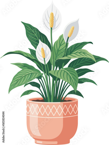 A vibrant illustration of a potted peace lily plant, showcasing its blooms and foliage.