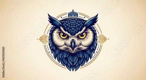 Detailed Illustration of an Elegant Owl with Golden Eyes and Decorative Elements, Symbolizing Wisdom and Knowledge
