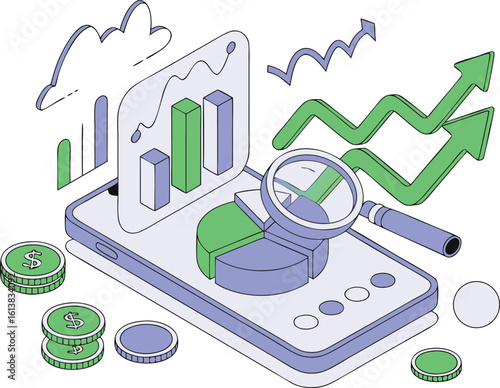 Financial growth analysis with charts and coins vector