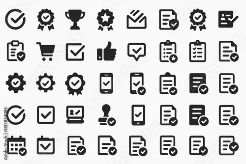 Check mark icon set. Collection of approval, quality, and verification glyphs for user interface design. Includes tick, medal, document, and checklist symbols.