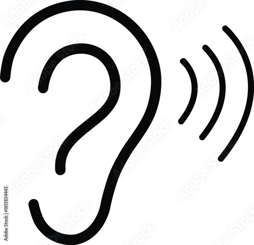 Ear with Sound Waves Icon – Minimalist Black Silhouette Symbolizing Hearing, Listening, Audio Signal or Communication on White Background