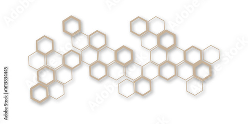 An abstract arrangement of interconnected hexagonal shapes in subtle beige and white, with thin outlines and soft shadows, creating a modern, minimalist honeycomb pattern on a clean white background.