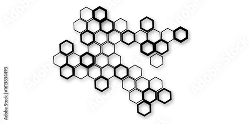 An abstract arrangement of interconnected hexagonal shapes, featuring a mix of bold black outlines and thinner black outlines, casting subtle shadows on a clean white background, 