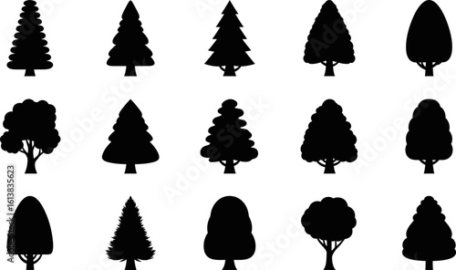 Tree silhouettes vector set different shapes evergreen deciduous forest park