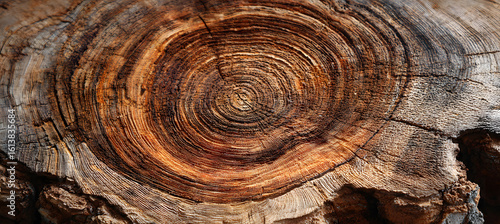 Old wooden oak tree cut surface. Detailed warm dark brown and orange tones of a felled tree trunk or stump. Rough organic texture of tree rings with close up of end grain.
