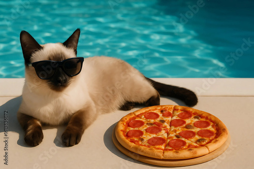 Siamese cat in sunglasses lies next to a pepperoni pizza on a white surface by a blue pool