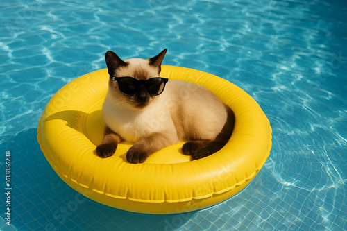  A Siamese cat in sunglasses lounges on a yellow inflatable ring in a clear blue pool under bright sunlight