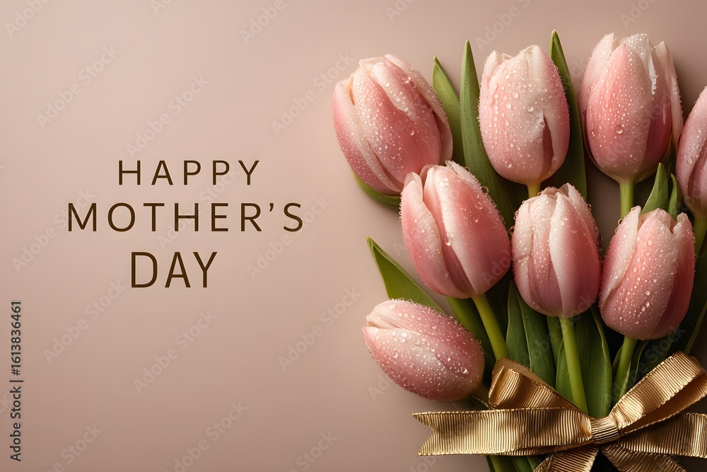 Fototapeta premium Fresh pink tulips decorated with dew drops and a golden ribbon create a perfect floral gift to celebrate Mother's Day.