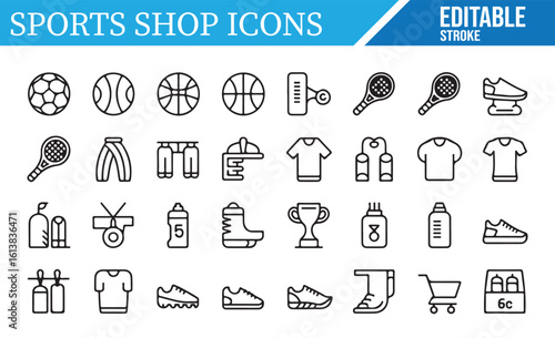 Fitness and Sports Shop Icons for Clothing, Equipment, and Merchandise