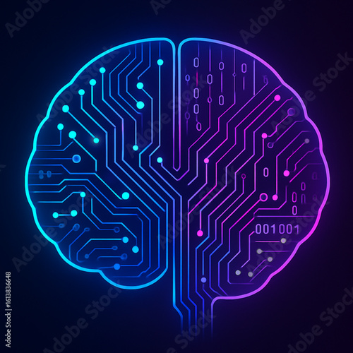 Stylized digital brain illustration with neon circuitry in blue and purple, glowing connections, and binary code. Dark background enhances the tech-inspired fusion of mind and machine.