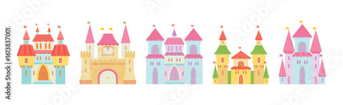 Little Princess Royal Castle with Tower and Flags Vector Set