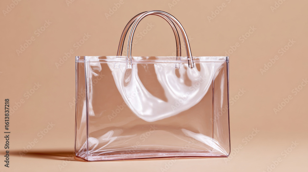 Transparent bag made of plastic material, featuring simple design with two handles. bag is displayed against neutral beige background, showcasing its sleek and modern aesthetic Transparent bag made of plastic material, featuring simple design with two handles. bag is displayed against neutral beige background, showcasing its sleek and modern aesthetic