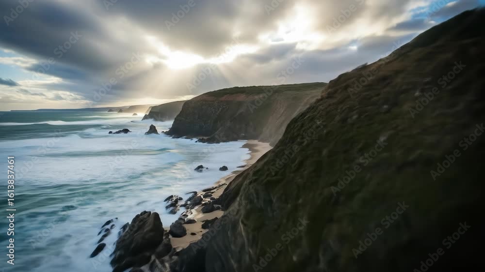 Dramatic Sunset Over Rugged Coastal Landscape, Nature Photography, Aerial View Dramatic Sunset Over Rugged Coastal Landscape, Nature Photography, Aerial View