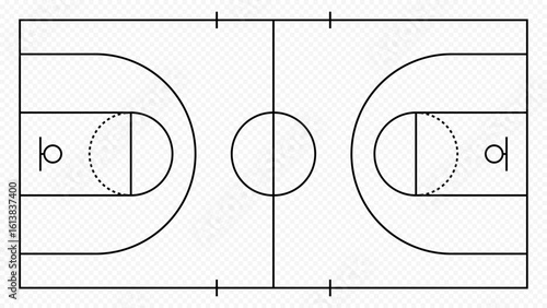 Basketball court layout in top view with clear markings and court lines