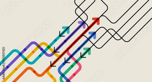 Curved and straight arrows in multiple colors on a beige grid background, representing pathfinding, complex decisions, and abstract business strategies.