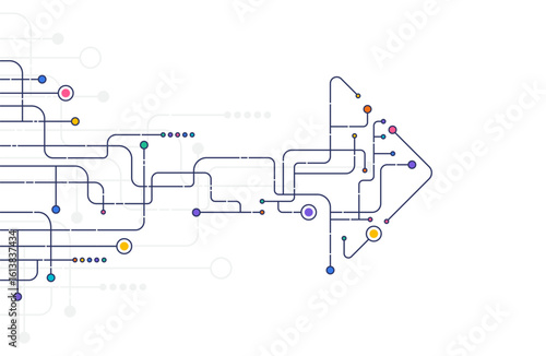 Complex arrow-shaped map with multicolor circuit lines and symbols, representing progress, connection, and strategic direction on minimal background.