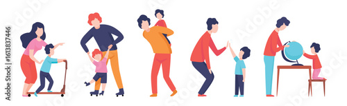 Mom, Dad and Little Son Spending Time Together Vector Set