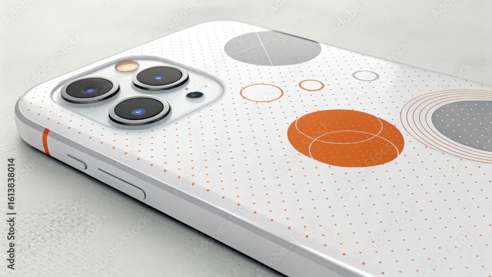 Fototapeta premium Close up of a white smartphone with a patterned case and three camera lenses on the back side