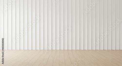 Minimalist interior featuring a white textured wall with vertical lines and a light wood floor.