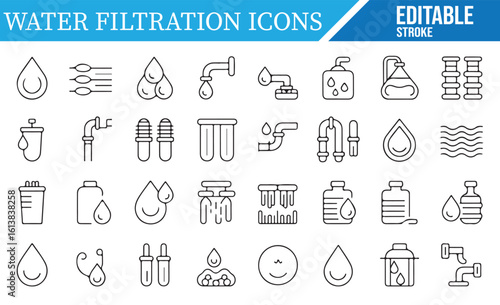 Collection of Water Filtration, Droplets, and Plumbing Icons for Design Projects