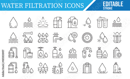 Editable Water Filtration Icons Set for Plumbing and Environmental Design
