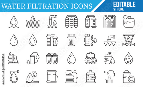 A collection of editable stroke icons representing water filtration systems, including pipes, filters, water droplets, and filtration stages, ideal for water treatment, plumbing, and environmental des