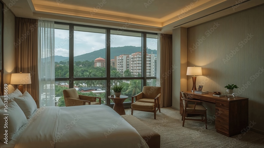 Fototapeta premium Serene Hotel Room with Panoramic City and Mountain View