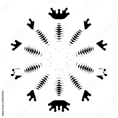 Crown Mandala circular geometric design radiates regal energy Its bold black contrast gives it a striking and modern appeal, suitable for statement prints, logos, or textile patterns.