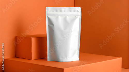 Foil pouch styled on orange riser for product display