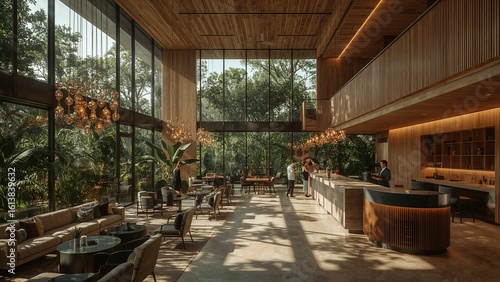 Modern Lobby Lounge with Floor-to-Ceiling Windows and Lush Greenery Views