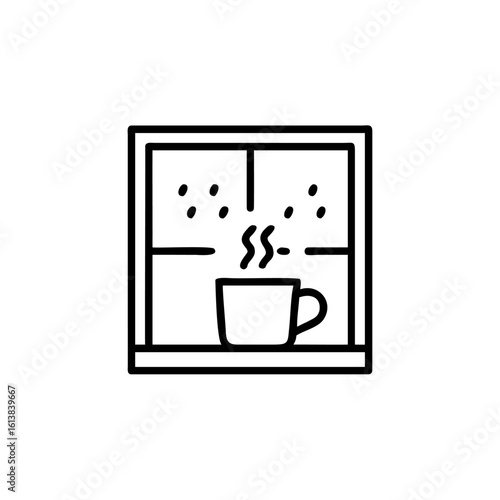 Line art steaming coffee mug on a windowsill with raindrops drink