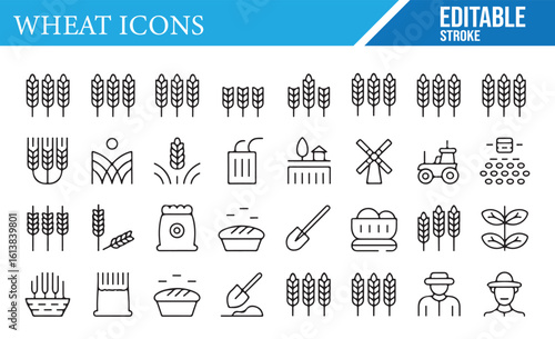 Vector Icons of Wheat, Grain, and Farming Equipment for Agricultural Designs