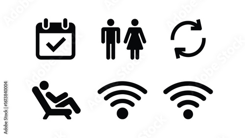Calendar man woman refresh relax wifi symbols checkmark male