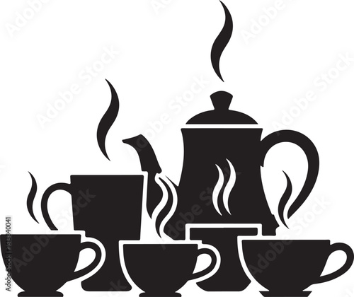 Black silhouette of coffee pot and cups with steam