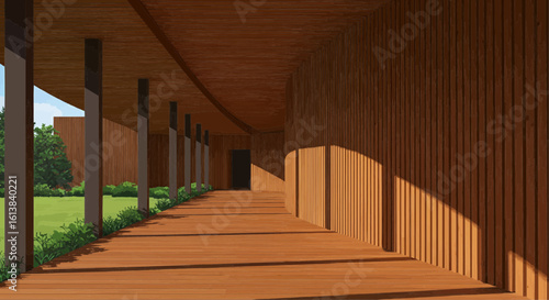 A long, wooden corridor with sunlight streaming through the columns.