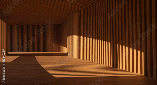 An empty, wood-paneled room with sunlight streaming through vertical slats, creating shadows on the floor and walls.