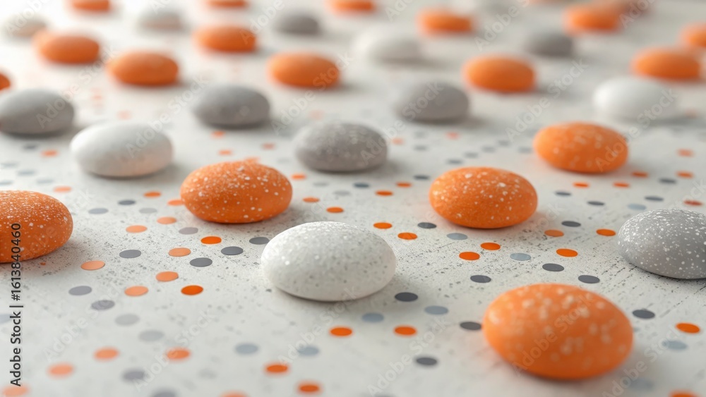 Close up of orange gray and white candies scattered on a colorful polka dot surface pattern Close up of orange gray and white candies scattered on a colorful polka dot surface pattern