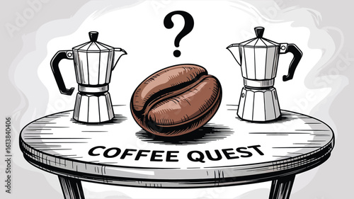 Coffee bean between moka pots on table question mark
