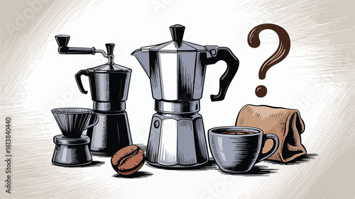 Coffee brewing equipment and a question mark espresso moka pot