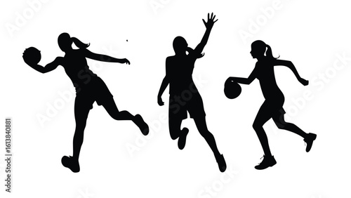 Women's Basketball Players Noir Vector Silhouette Set - Female Sport Action Poses