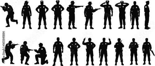 Silhouette of armed police officer in action, security personnel posing, law enforcement team standing, vector military pose collection, tactical force illustration, uniformed guards