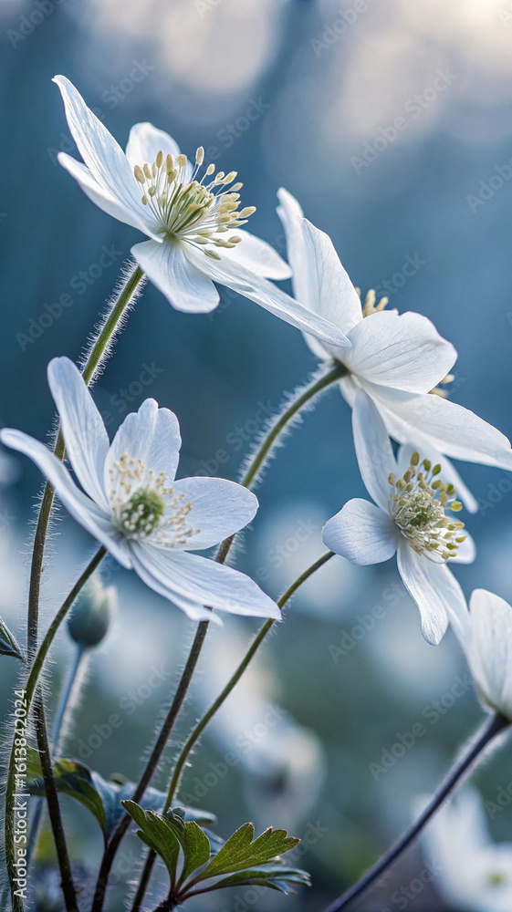 Obraz premium Delicate white anemone blossoms with yellow stamens