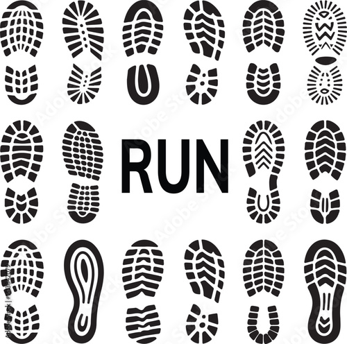 Shoe prints and word run in black and white