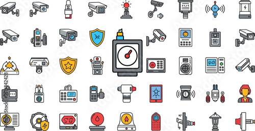 Illustration of various security and surveillance related icons arranged
